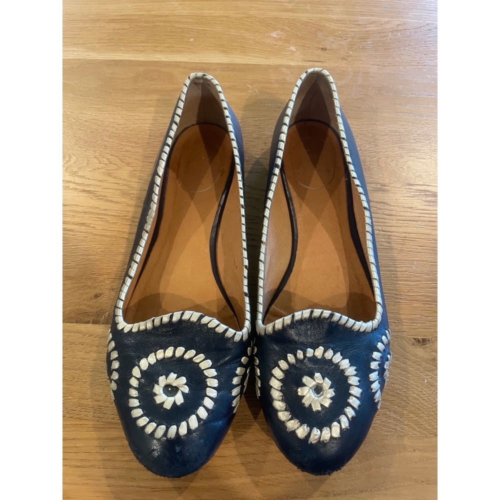 Jack Rogers Navy Blue Leather Whipstitch Medallion Ballet Flats Mens 8 Gold